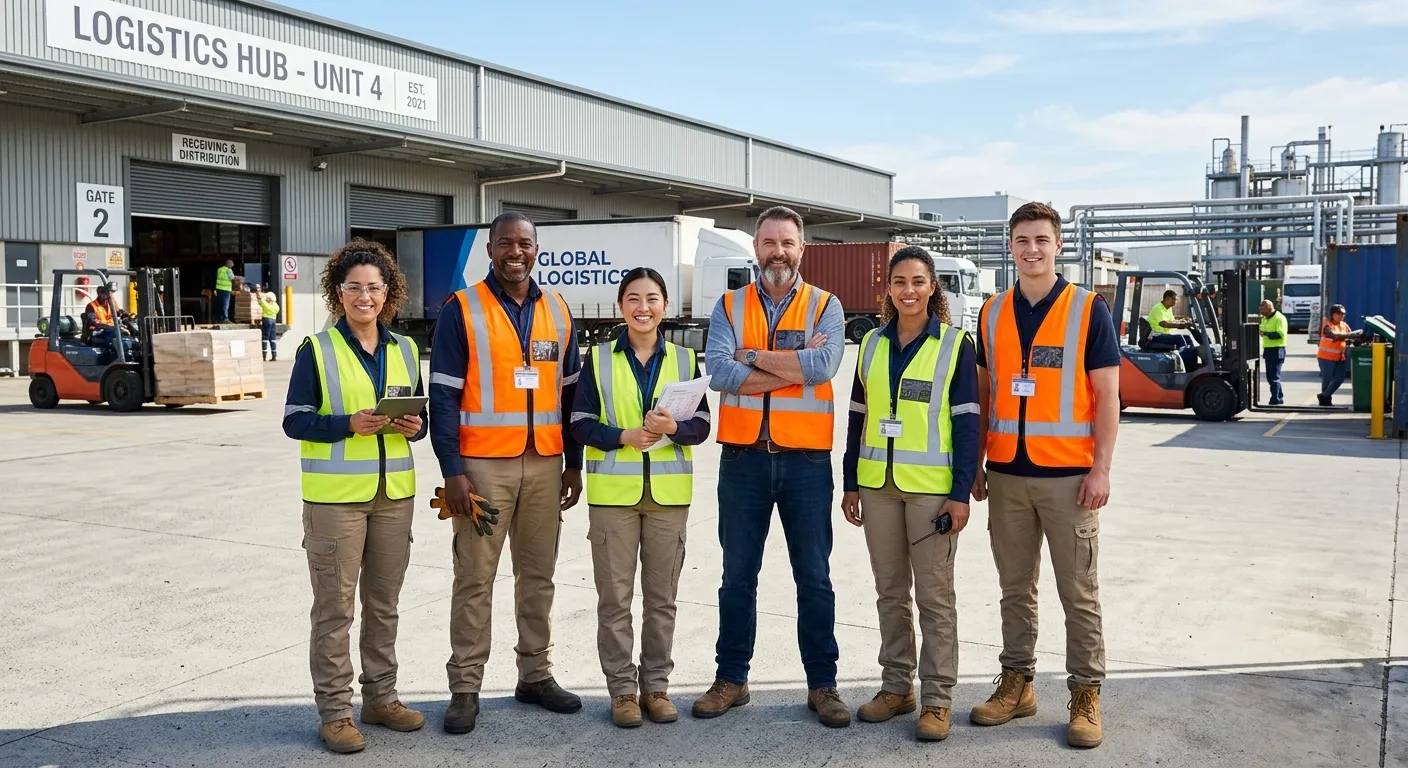 A diverse group of professional, skilled workers in high-visibility vests and casual work attire, st... A diverse group of professional, skilled workers in high-visibility vests and casual work attire, standing confidently at a modern industrial site or bustling warehouse entrance. The style is professional, aspirational, and dynamic, with a focus on determined faces and a bright, clear day.