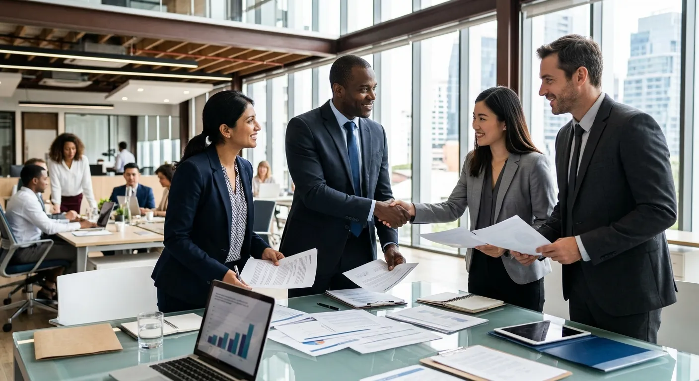 A professional, high-contrast image of a diverse group of business professionals in a modern office, shaking hands and reviewing documents. The style should be sharp, corporate, and optimistic, with a focus on collaboration and trust.