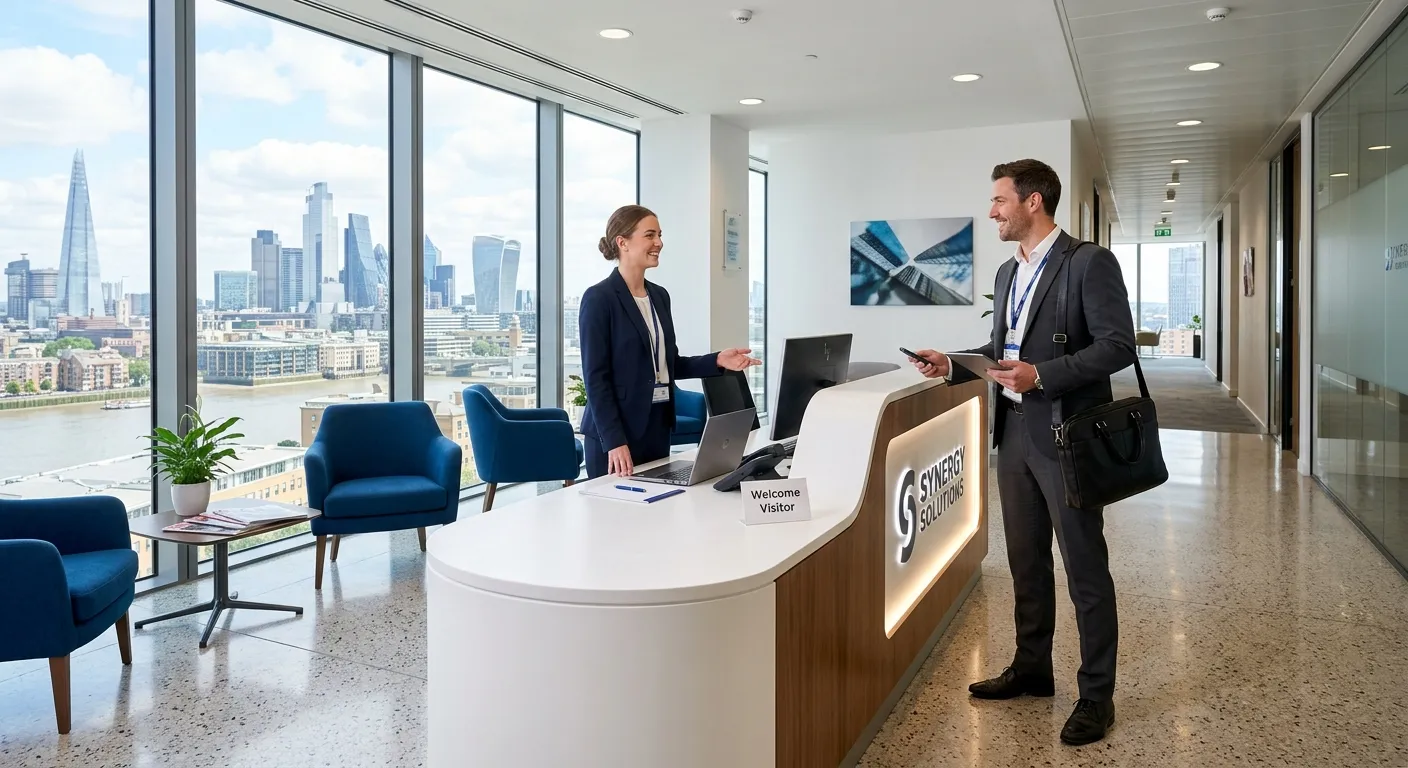 Professional, modern London office reception area with a confident, well-dressed receptionist greeting a visitor. The style is bright, high-resolution, and conveys a welcoming, efficient corporate atmosphere. Focus on Canary Wharf or City of London skyline through windows.