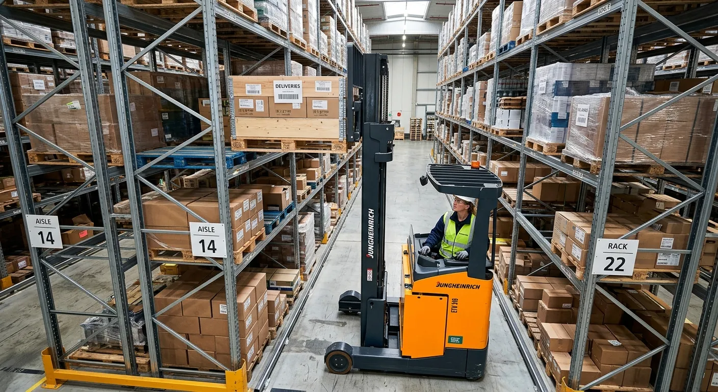 A professional, high-angle shot of a skilled reach truck operator in a modern, high-bay warehouse, precisely stacking pallets in narrow aisles. The operator is focused, wearing a high-visibility vest and safety gear. The image is bright, sharp, and conveys efficiency and skill.