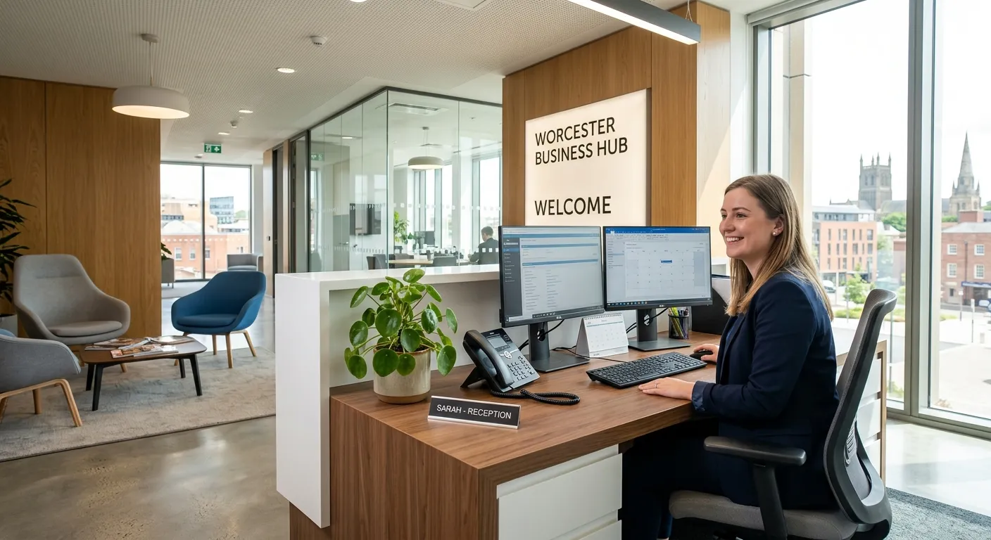 A modern, professional reception area in a Worcester office building, featuring a smiling receptionist at a sleek desk with dual monitors, a phone headset, and a welcoming plant. The style is bright, professional, and inviting, with natural light from large windows.