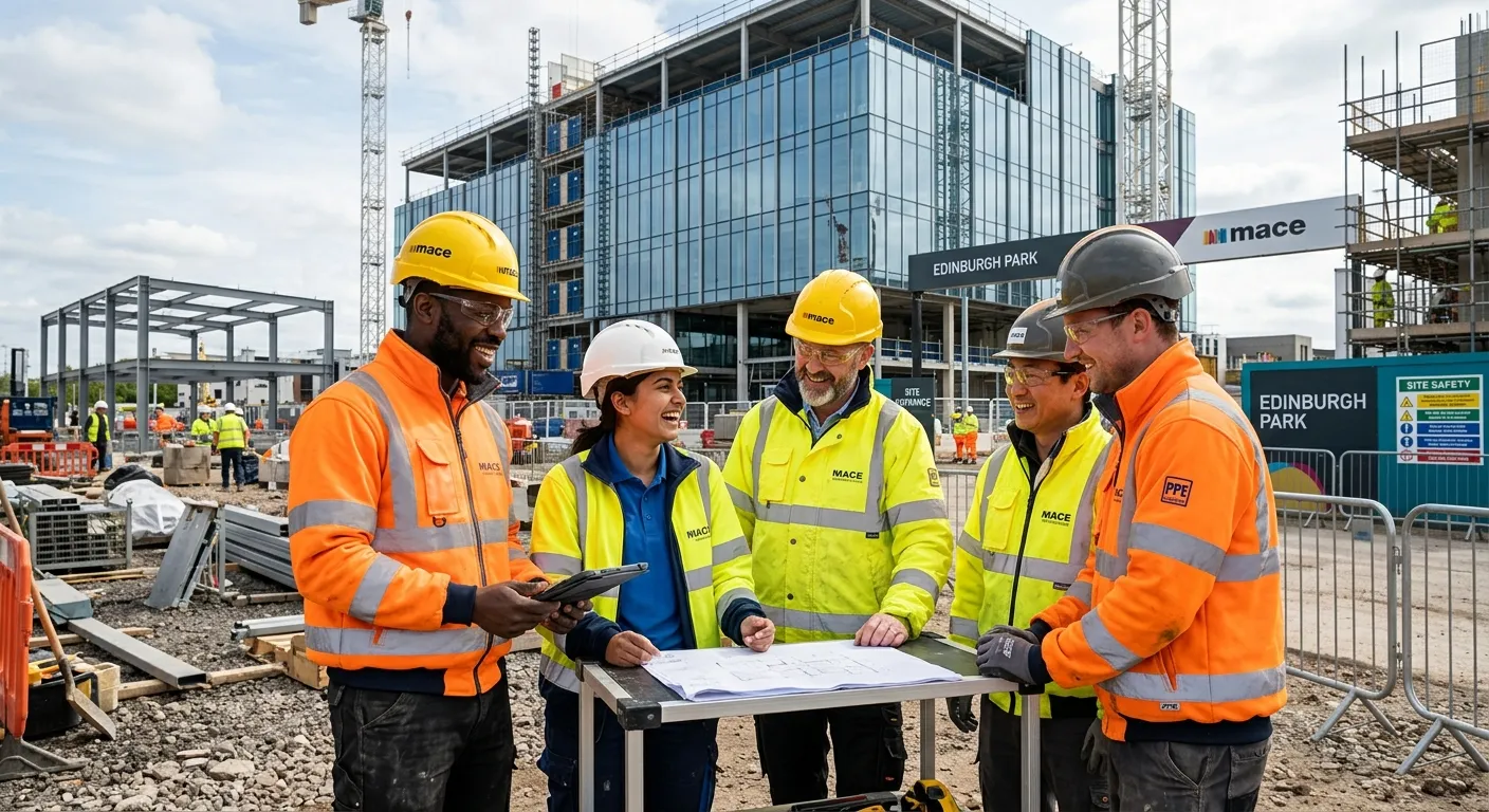 A professional, diverse group of construction labourers wearing hi-vis jackets and hard hats, working together on a modern construction site in Edinburgh Park, smiling and looking engaged. Style: realistic, bright, professional.