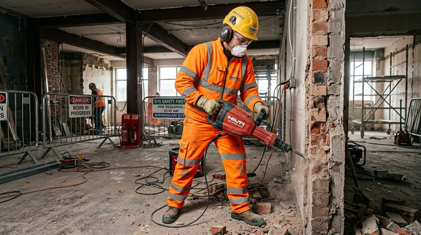 A professional, action-oriented hero image showing a Demolition Operative in high-visibility PPE, safely using a tool like a breaker or sledgehammer on a controlled interior demolition site in Birmingham. The mood is industrious, safe, and focused.