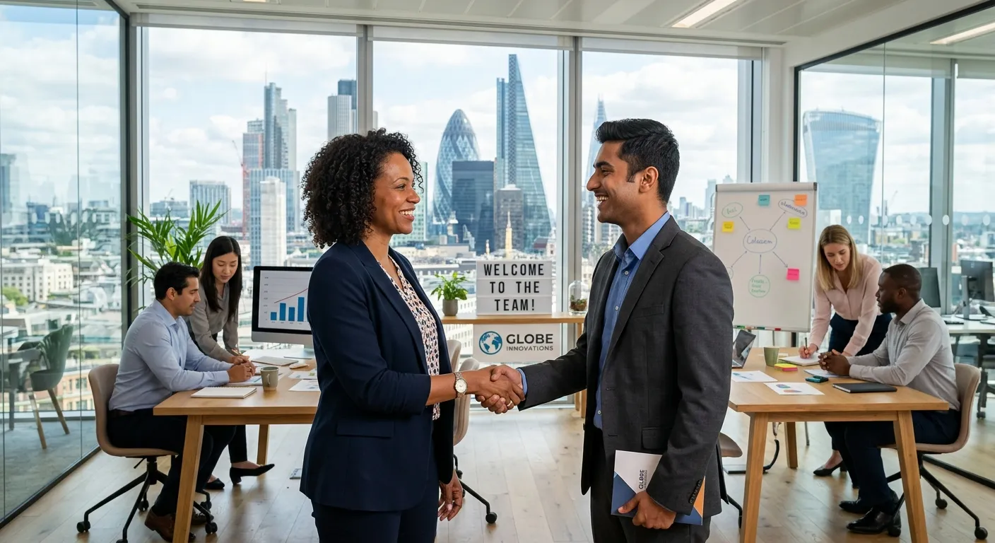A dynamic, professional office scene showing a diverse team collaborating. A manager is shaking hands with a new employee, with a modern cityscape visible through a window. Style: Bright, sharp, and aspirational, conveying partnership and success.