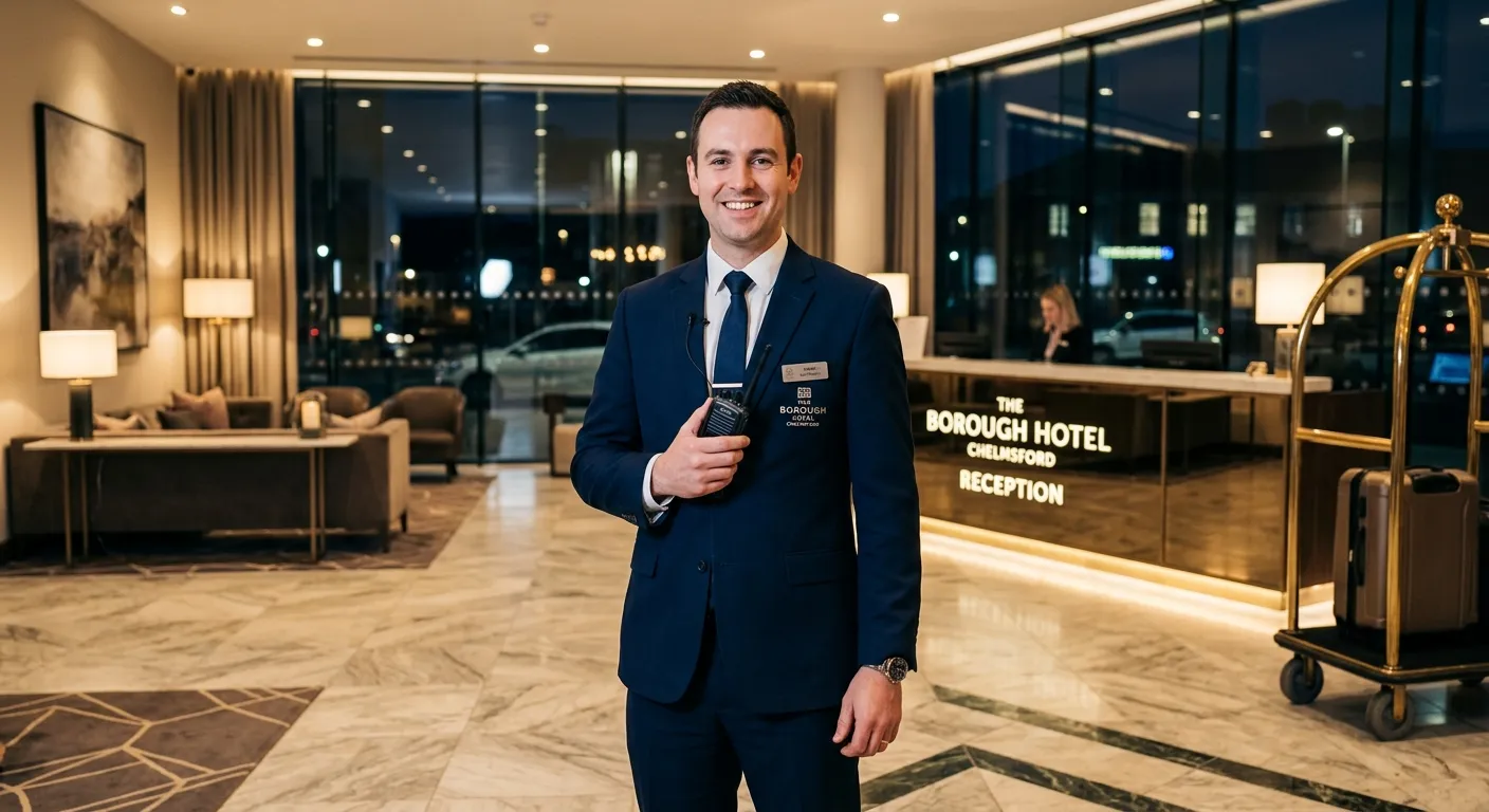 Professional, well-lit image of a Night Porter in a smart uniform, holding a walkie-talkie and smiling, standing in the polished lobby of a modern Chelmsford hotel at night. The image should convey trust, security, and a professional service atmosphere.