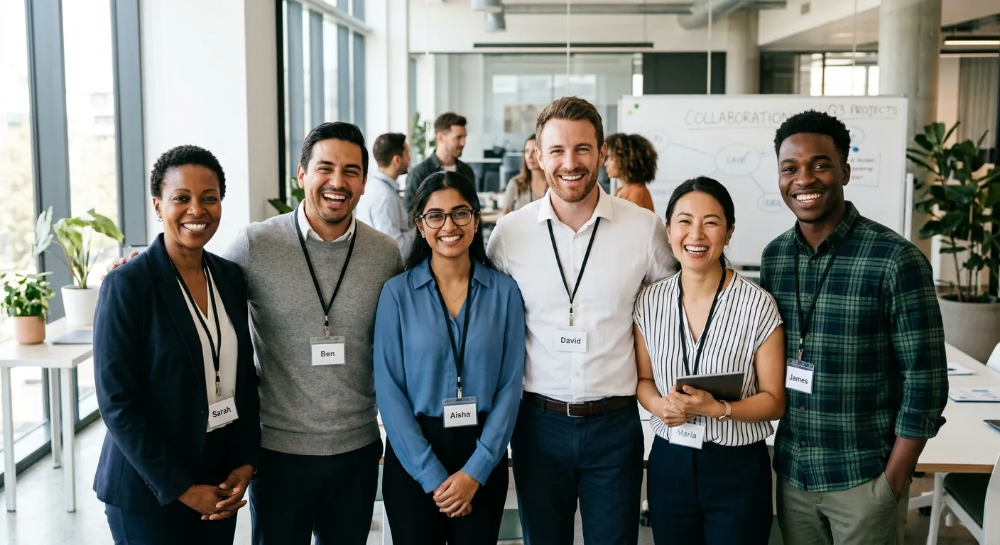 A professional, diverse group of workers smiling in a modern office or light industrial setting, looking directly at the camera. The image should convey trust, proximity, and partnership. Style: Bright, authentic, high-resolution corporate photography.