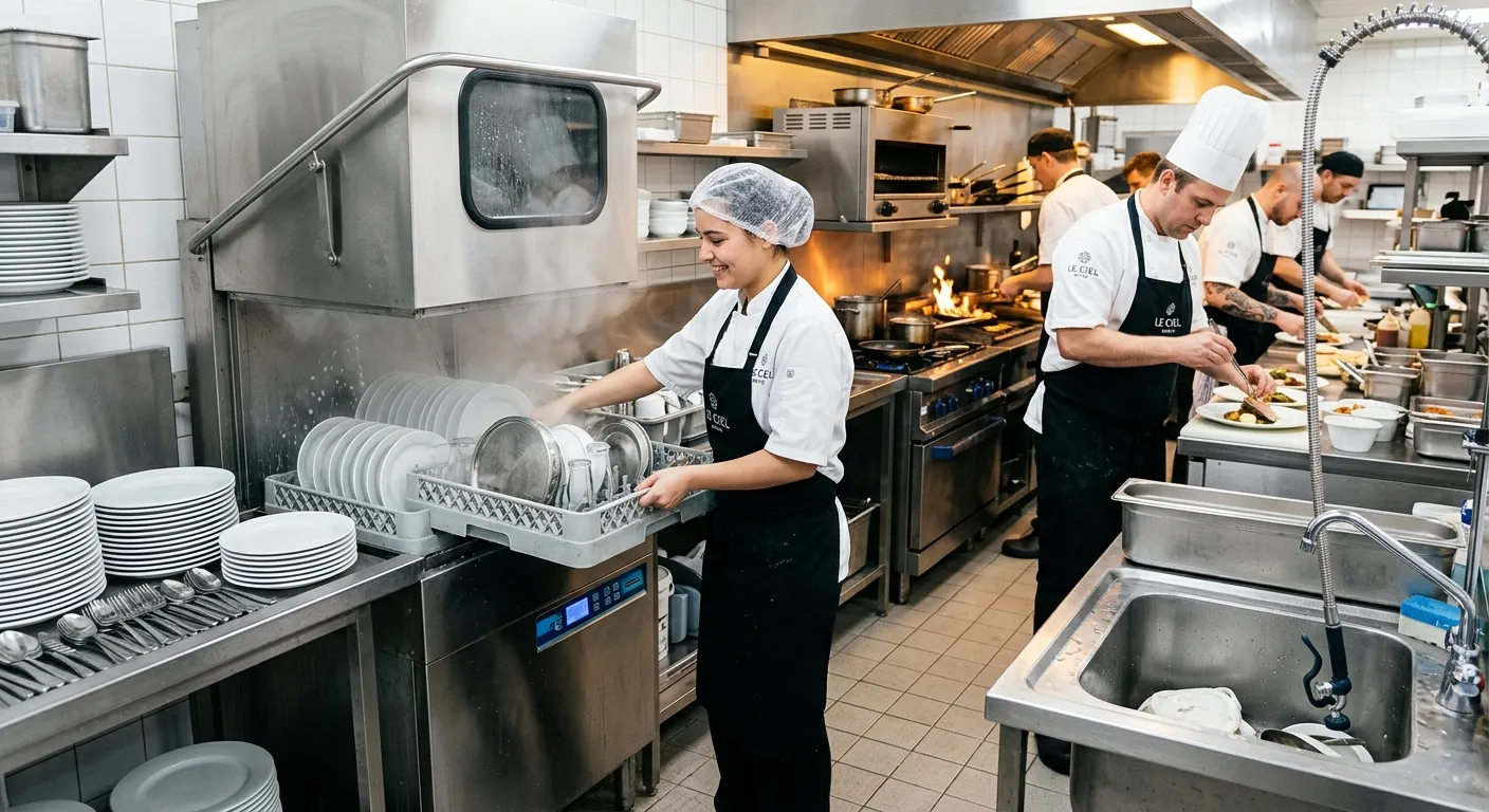 A professional, high-energy kitchen scene in a busy restaurant. A kitchen porter in clean uniform is efficiently washing dishes in a commercial dishwasher, with a chef in the background preparing food. The image is bright, sharp, and conveys hygiene and teamwork.