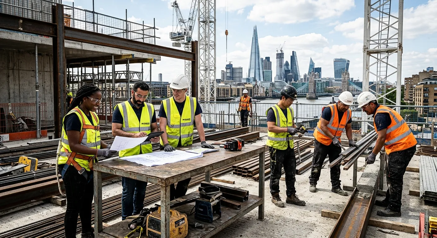 A high-contrast, professional photo of a diverse group of skilled construction labourers in high-visibility vests collaborating on a modern London construction site with iconic cityscape in background, shot in a dynamic, optimistic style.