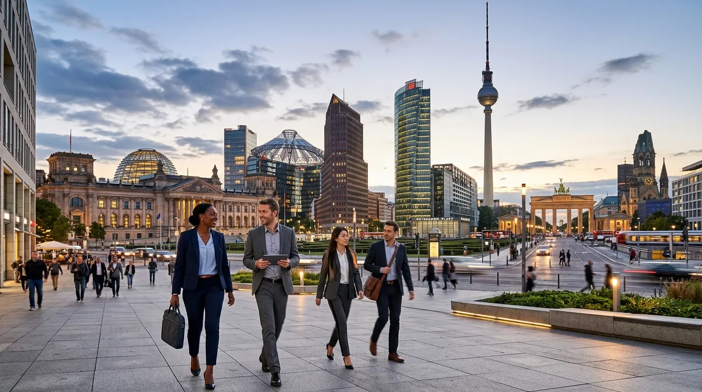 A dynamic, wide-angle shot of Berlin's modern skyline blending historic architecture with new glass buildings (like Potsdamer Platz), with diverse professionals walking purposefully in the foreground. Professional, vibrant, and forward-looking mood.