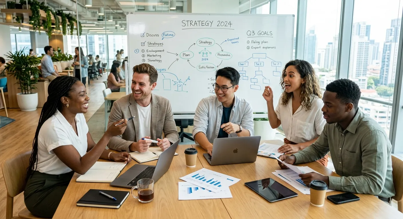 A modern, diverse group of professionals collaborating in a bright, sunlit office environment. Style is corporate, aspirational, and high-energy, showing teamwork and strategic planning.