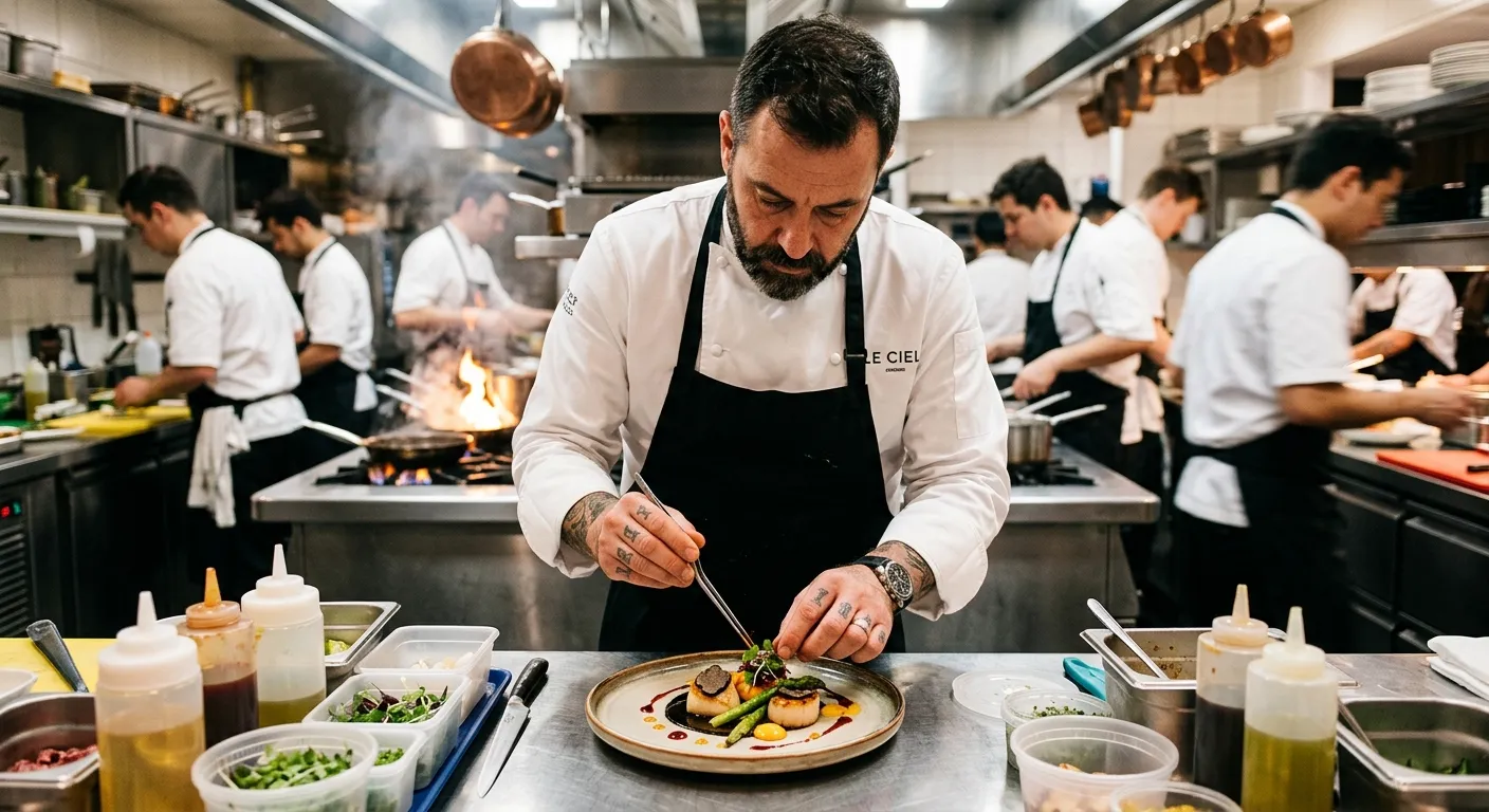 A dynamic, professional kitchen scene. A head chef in crisp whites is plating a gourmet dish, with a brigade of cooks in the background. The mood is energetic, precise, and high-end. Shot with shallow depth of field, focusing on the chef's hands and the finished plate.