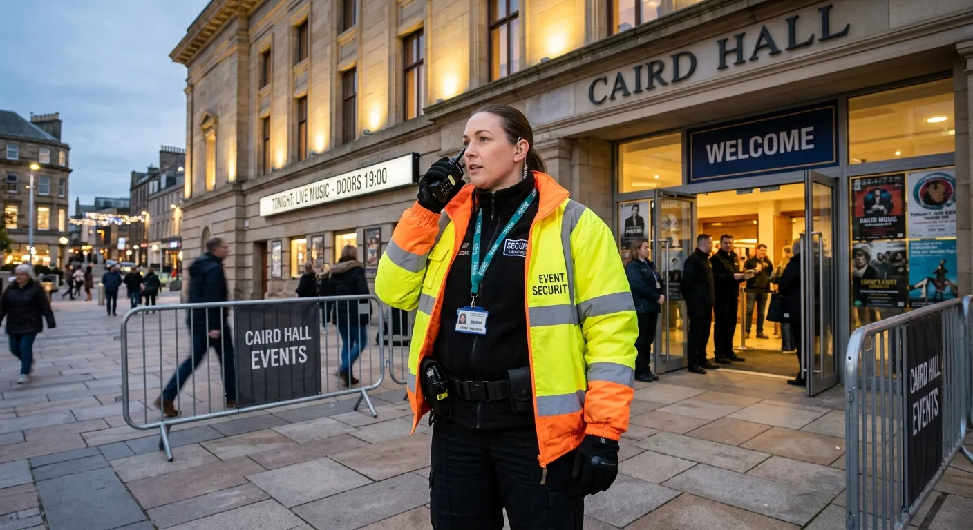 A professional, confident-looking Event Security professional standing at the entrance of a modern venue in Dundee, such as the Caird Hall or Slessor Gardens, wearing a high-vis jacket and communicating via radio. The mood is authoritative, secure, and active.