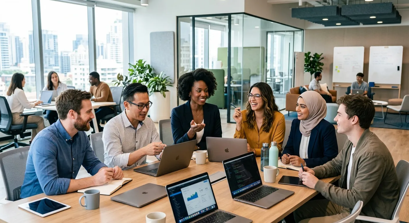 A diverse group of modern professionals in a bright, collaborative office setting, looking engaged a... A diverse group of modern professionals in a bright, collaborative office setting, looking engaged and confident. Style: Bright, optimistic, high-resolution professional photography.