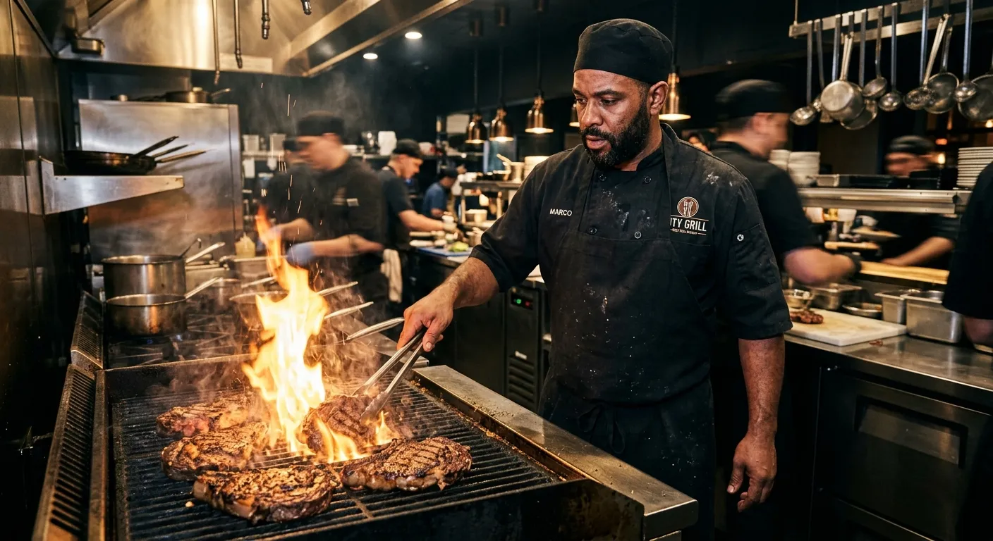 A professional, high-energy shot of a skilled grill chef in a busy, modern commercial kitchen. The c... A professional, high-energy shot of a skilled grill chef in a busy, modern commercial kitchen. The chef is searing steaks on a chargrill, flames leaping, with a focused expression. The image should convey expertise, heat, and a fast-paced culinary environment. Moody lighting with warm highlights on the food.