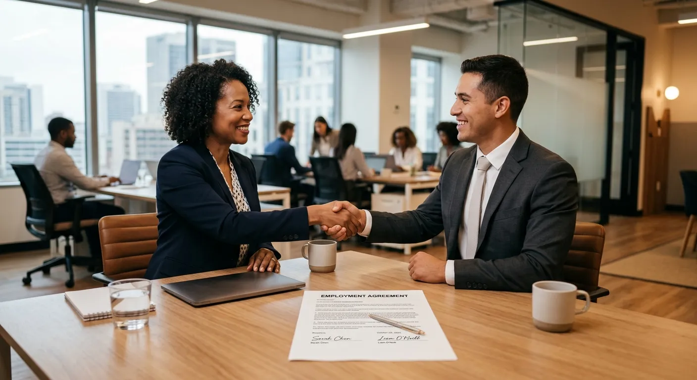 A professional, modern office setting with a diverse hiring manager and candidate shaking hands acro... A professional, modern office setting with a diverse hiring manager and candidate shaking hands across a desk, with a clean contract in the foreground. Style: High-contrast, professional business photography with warm, inviting lighting.