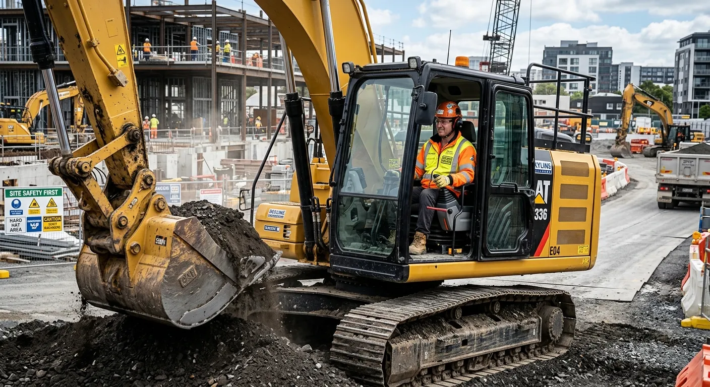A high-contrast, professional image of a certified plant operator skillfully maneuvering a large excavator on a modern construction site, wearing full PPE, with a focus on safety and expertise.