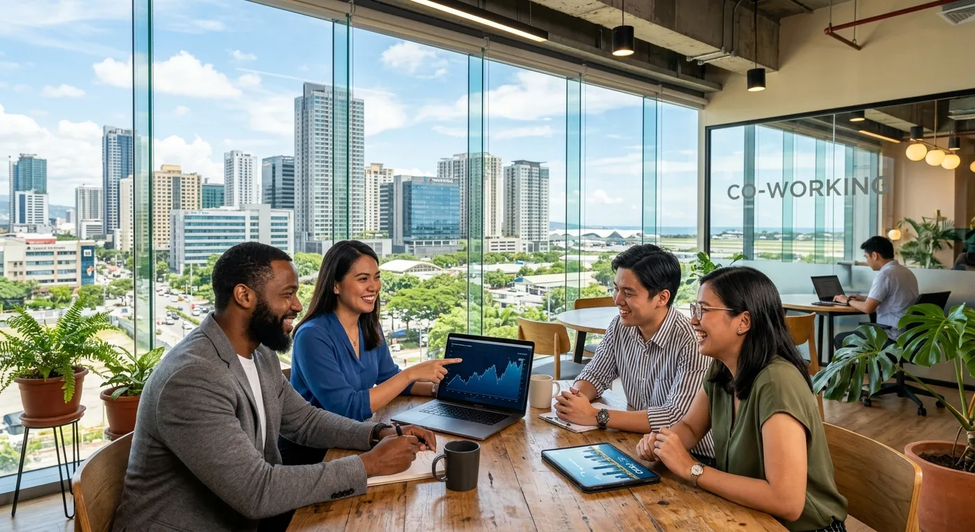 A professional, vibrant photo of Cebu's modern business district skyline blending with a diverse gro... A professional, vibrant photo of Cebu's modern business district skyline blending with a diverse group of professionals collaborating in a contemporary co-working space, symbolizing opportunity and flexible work.