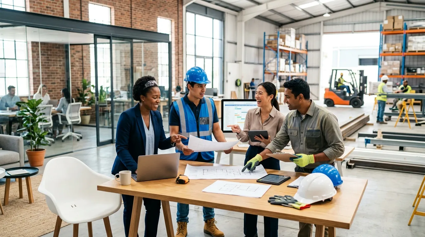 A dynamic, professional hero image showing a diverse group of temporary workers in various industrie... A dynamic, professional hero image showing a diverse group of temporary workers in various industries (office, warehouse, construction site) collaborating seamlessly in a modern, bright workspace. Focus on energy, diversity, and productivity.