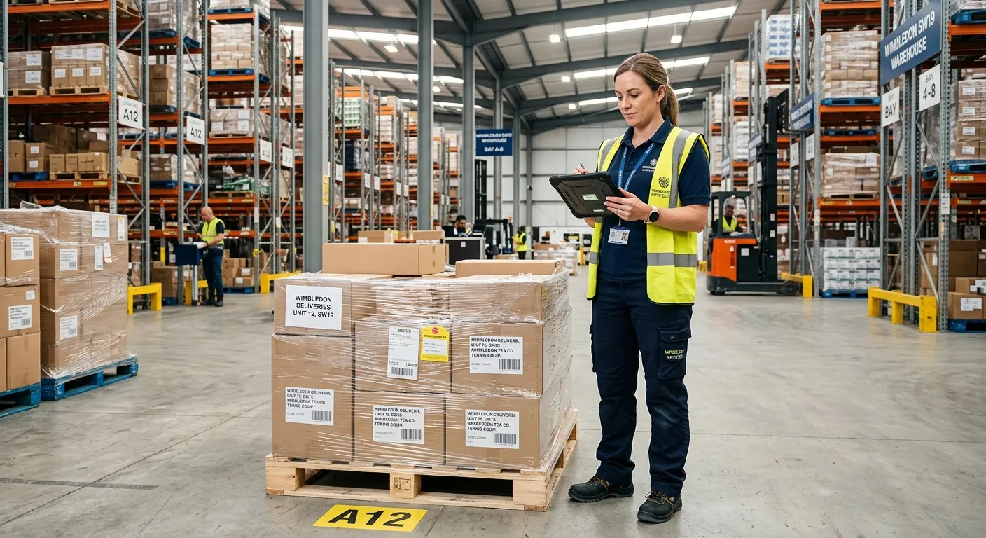 A professional, well-lit image of a logistics coordinator in a modern Wimbledon SW19 warehouse or distribution centre, reviewing a digital inventory list on a tablet while standing next to a neatly stacked pallet. The style is confident and efficient, conveying a sense of organisation and local industry.