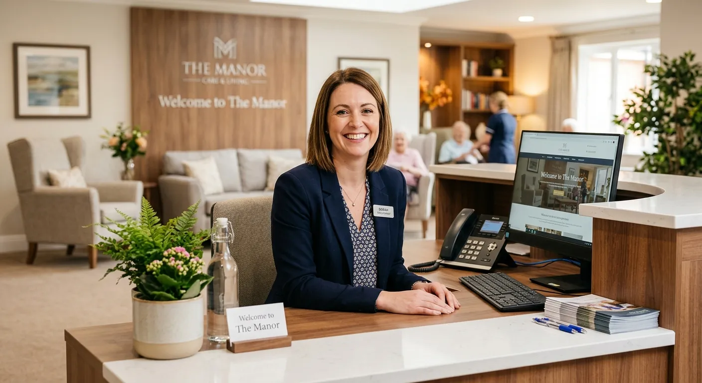 Professional hero image of a friendly, well-dressed nursing home receptionist smiling warmly at the camera, seated at a modern, organized reception desk with a computer, phone, and potted plant. The background is a clean, welcoming care home lobby with soft lighting.