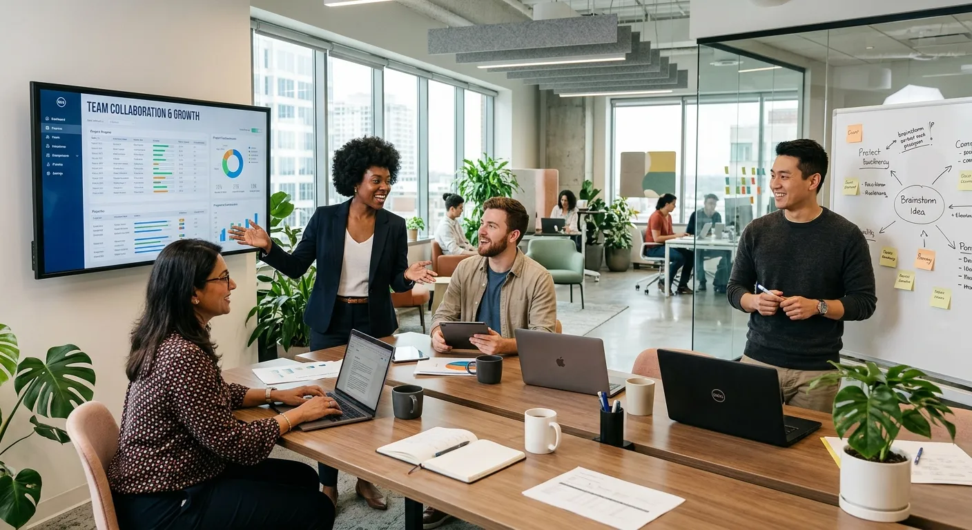 A modern, diverse team collaborating in a bright, open-plan office. Style is professional, crisp, and aspirational with a focus on teamwork and productivity. Mood is energetic and positive.