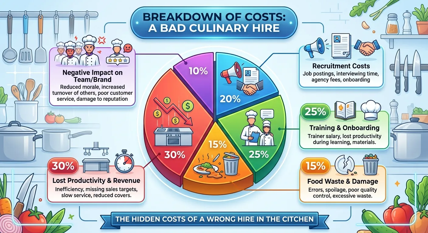 An infographic showing a pie chart breaking down the costs of a bad culinary hire, with categories l... An infographic showing a pie chart breaking down the costs of a bad culinary hire, with categories like Recruitment, Training, Food Waste, and Lost Revenue