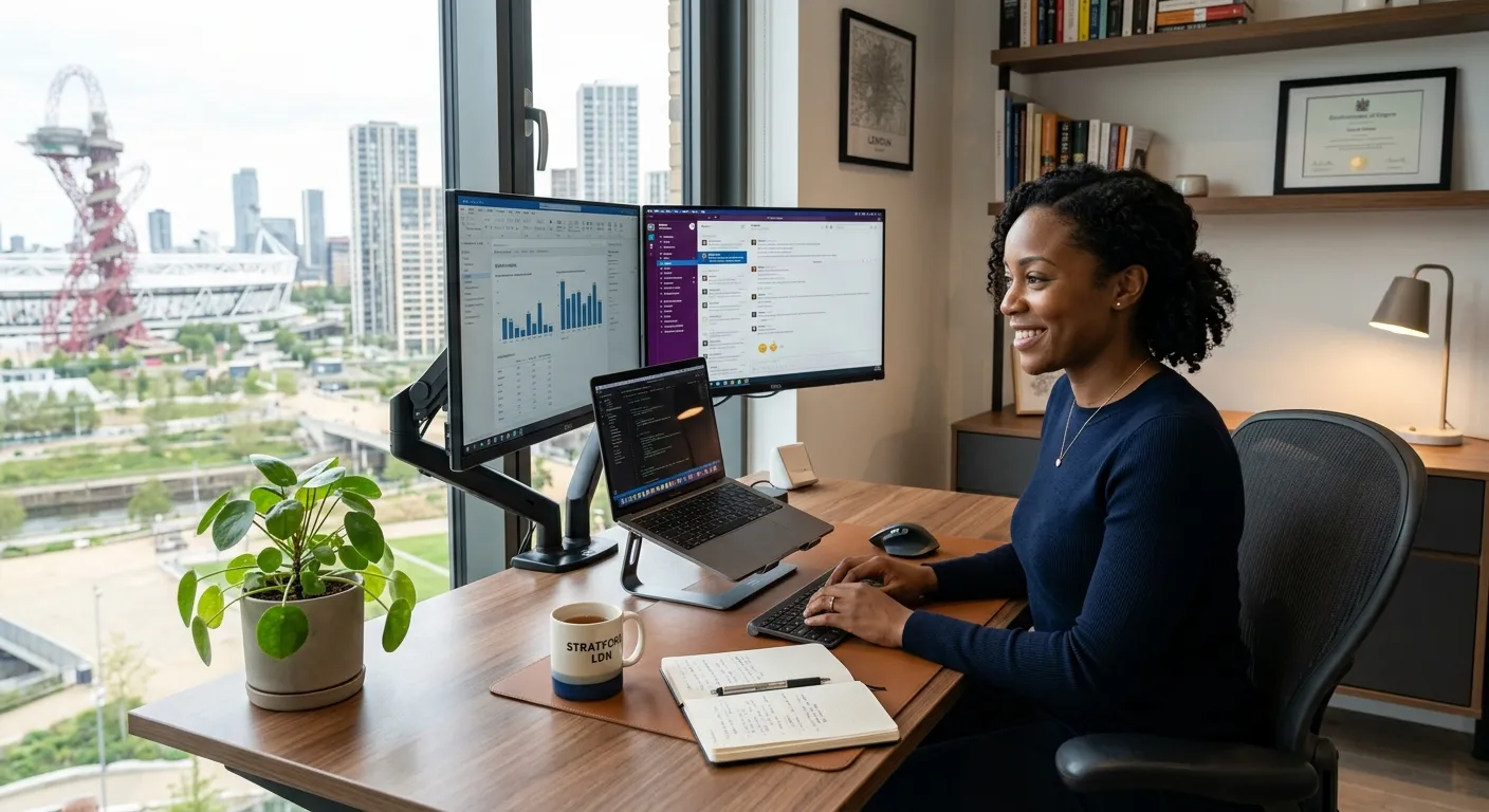 A professional, well-lit photo of a modern home office setup in Stratford, London. A smiling woman i... A professional, well-lit photo of a modern home office setup in Stratford, London. A smiling woman is working efficiently on a laptop with a dual monitor setup, a notebook, and a plant on the desk. The style is aspirational and professional, conveying focus and a successful remote work environment.
