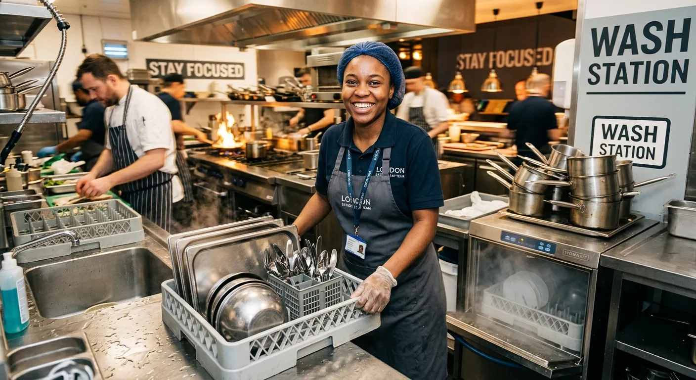 A dynamic, professional photo of a Kitchen Porter in a busy, modern commercial kitchen in London. The porter is smiling, looking efficient and engaged, wearing a clean uniform. The image should convey a sense of teamwork and a fast-paced, professional environment.