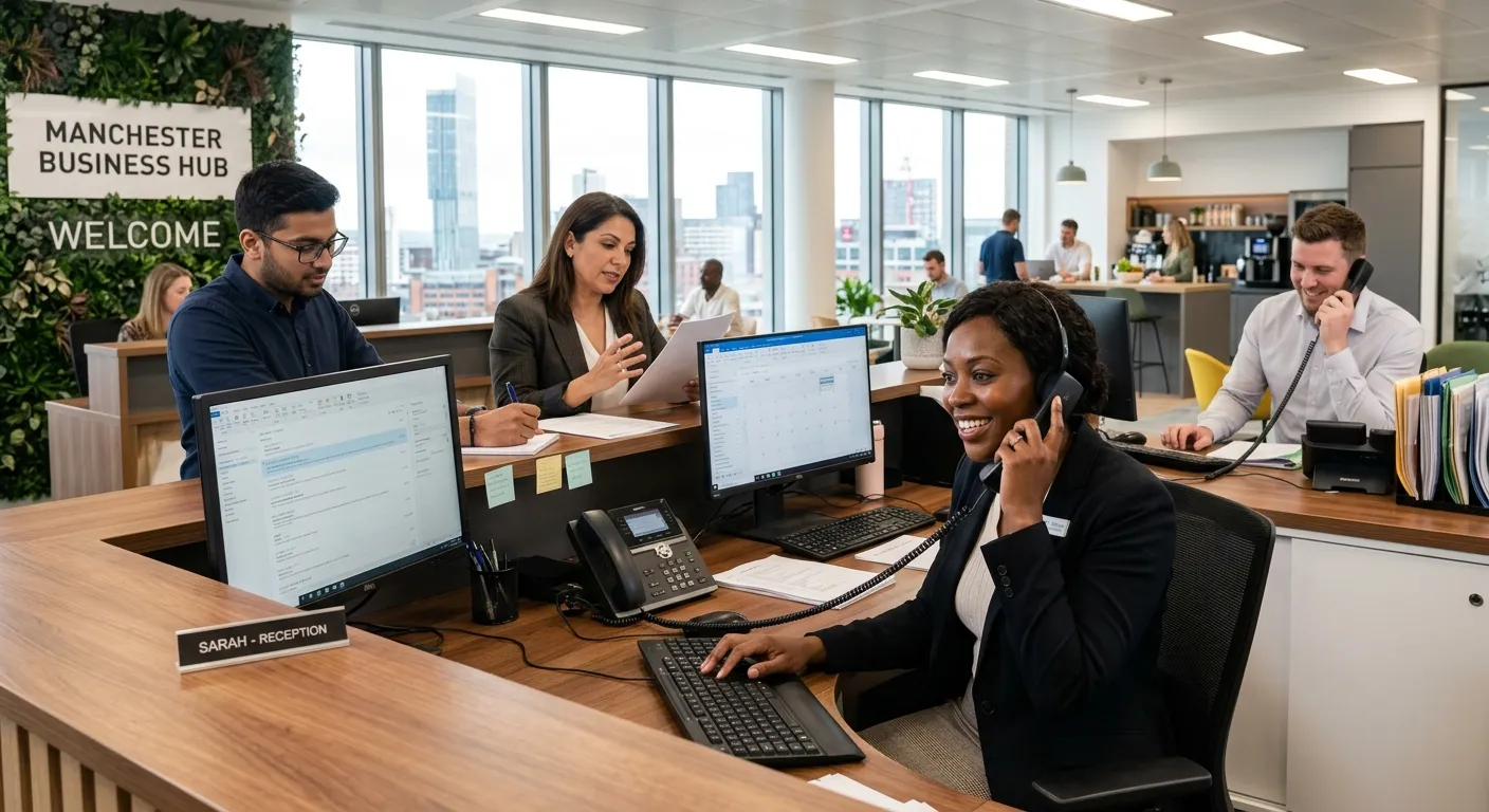 A professional, diverse group of administrator and receptionist professionals working in a modern, b... A professional, diverse group of administrator and receptionist professionals working in a modern, bright Manchester office setting. They are engaged in collaborative tasks, answering phones, and using computers. Style: professional corporate photography, mood: confident, efficient, and welcoming.