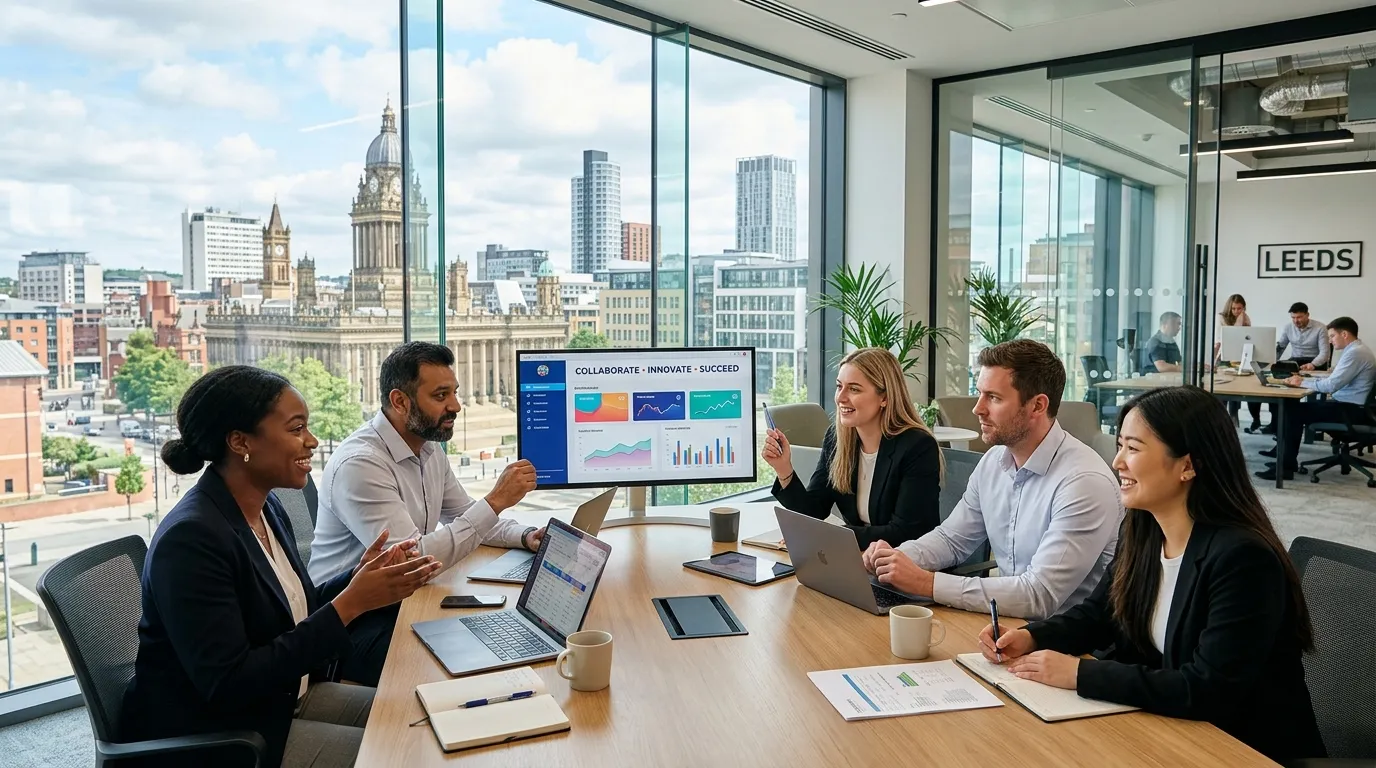 A dynamic, professional hero image showing a diverse team of professionals collaborating in a modern... A dynamic, professional hero image showing a diverse team of professionals collaborating in a modern Leeds office setting, with the Leeds skyline visible through a window. Style: Bright, confident, and energetic. Mood: Professional, trustworthy, and forward-thinking.