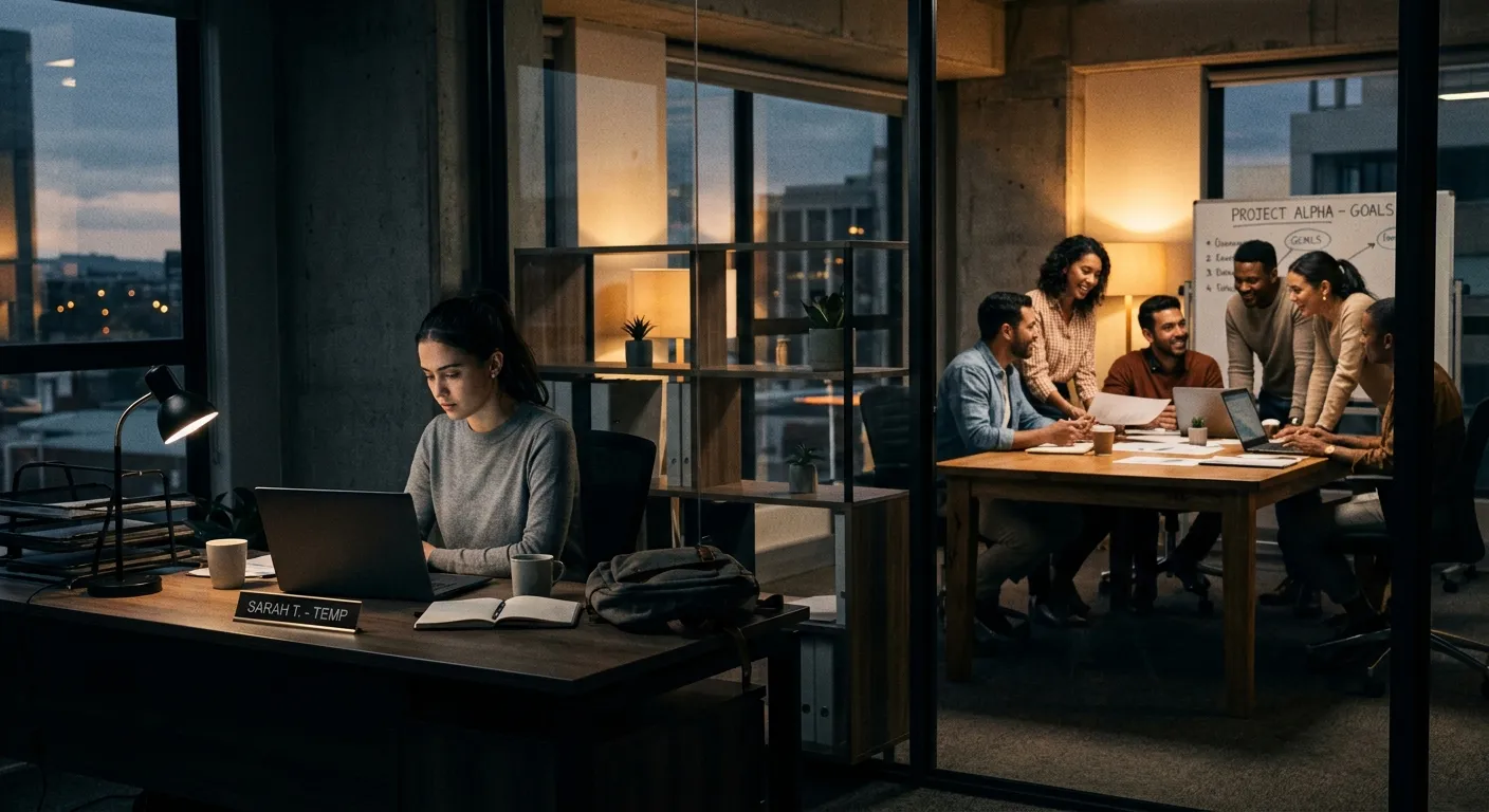 A modern, slightly somber office scene with a temporary worker looking isolated at a desk, while a team of permanent employees collaborates in the background. Style: Professional, moody lighting, high-contrast photo.
