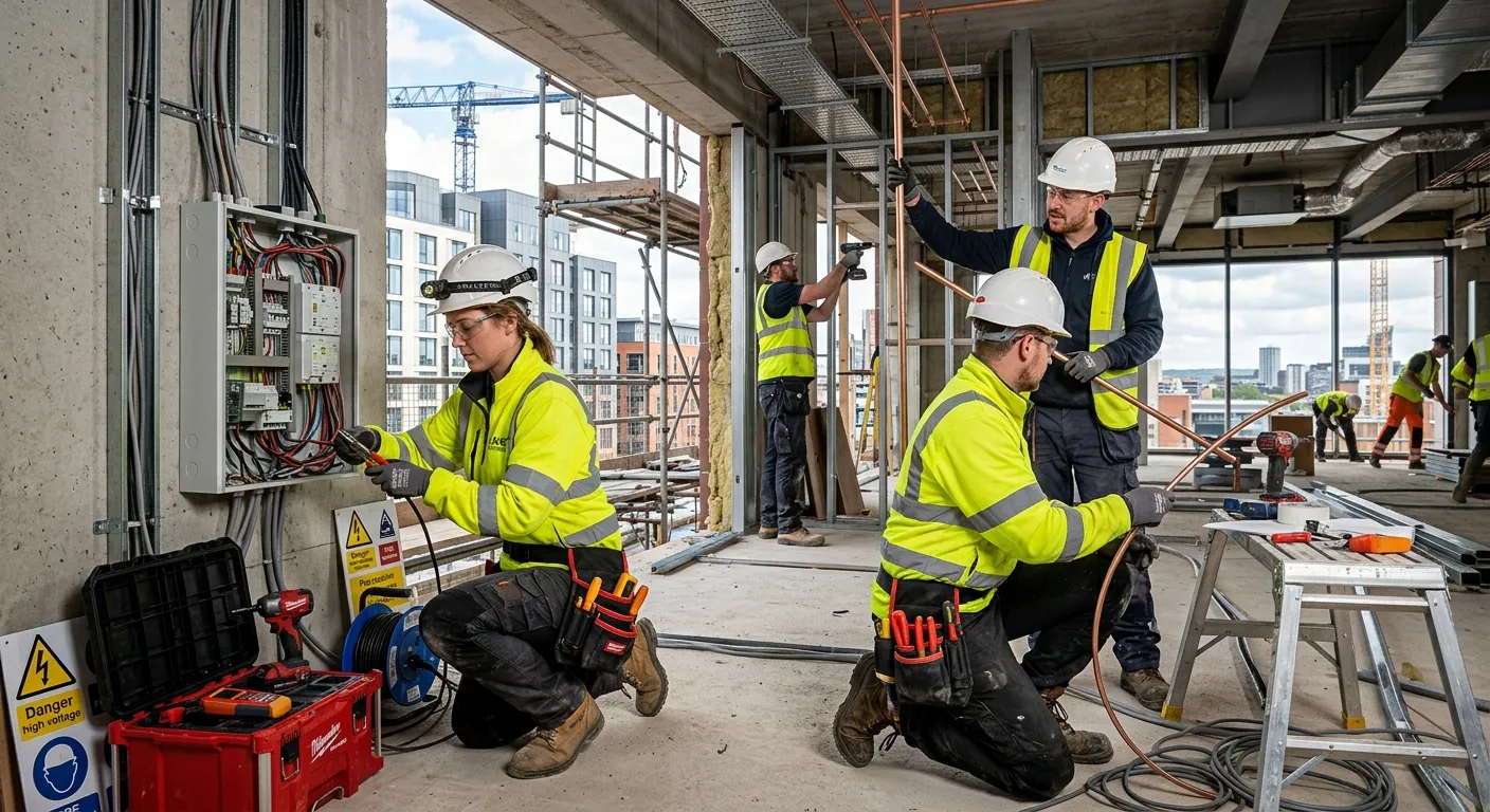 A skilled electrician in full PPE, working collaboratively with other trades on a commercial construction site in Sheffield, with modern tools and equipment visible.