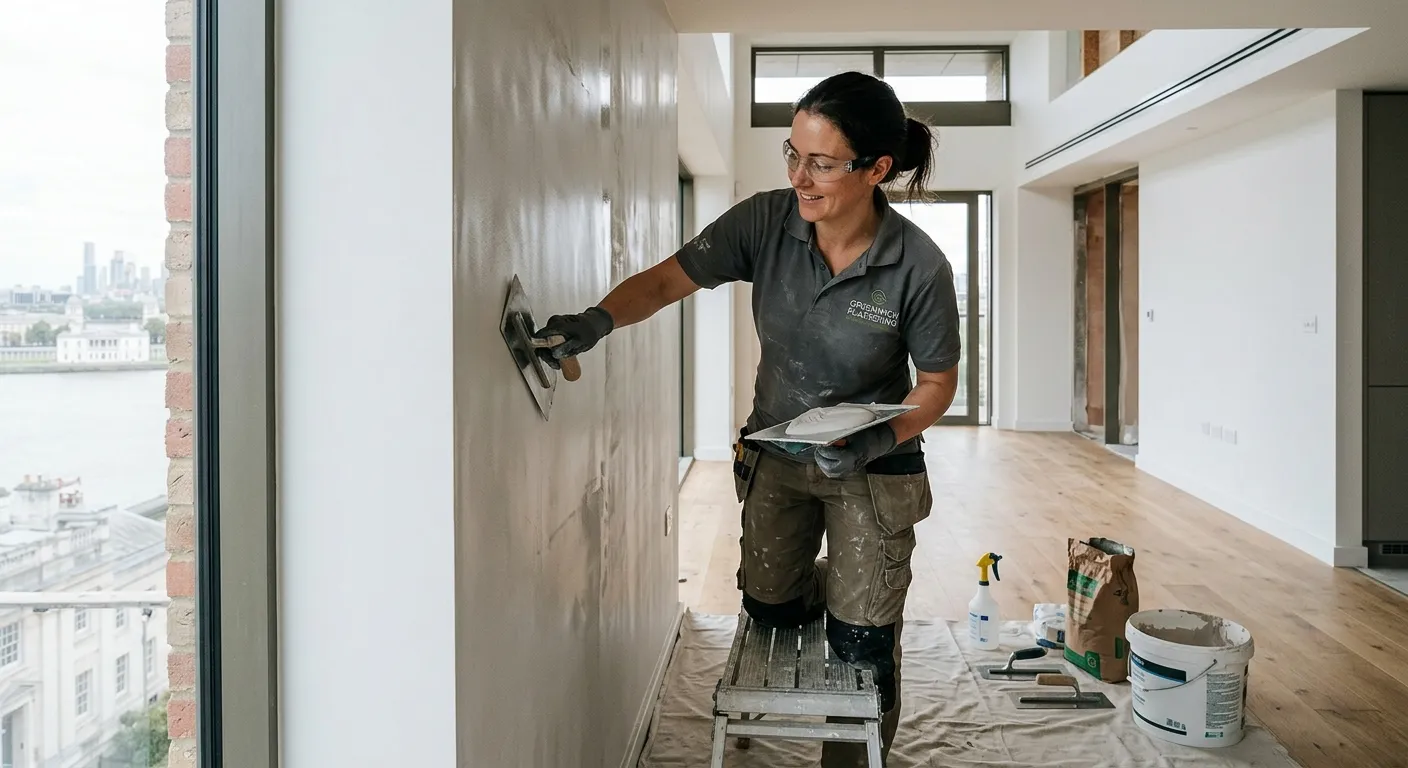 A professional plasterer applying a smooth, finished coat to a wall in a modern Greenwich apartment, showcasing skill and a clean worksite.