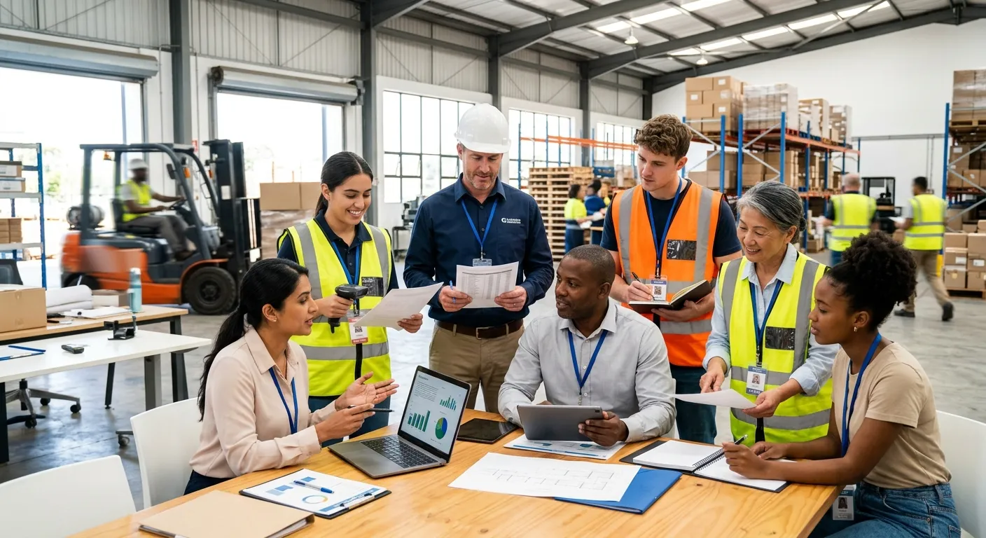 A professional, high-resolution image of a diverse team of office and warehouse workers collaboratin... A professional, high-resolution image of a diverse team of office and warehouse workers collaborating in a modern, bright workspace. The image should convey productivity, teamwork, and the blend of permanent and temporary staff. Style: Corporate, vibrant, and dynamic.