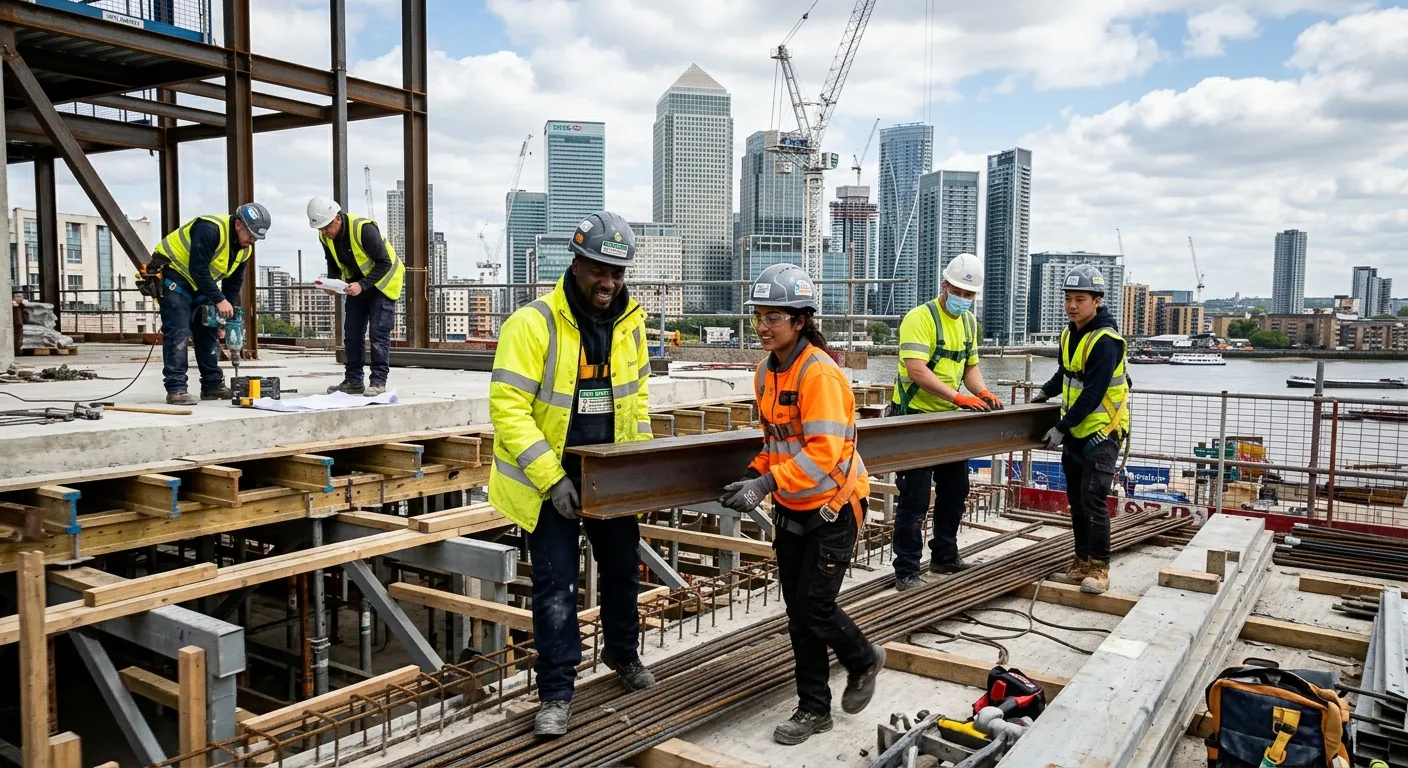 A professional, dynamic shot of a diverse construction labourer team working on a high-rise developm... A professional, dynamic shot of a diverse construction labourer team working on a high-rise development in Canary Wharf, London. They are wearing high-visibility jackets and hard hats, engaged in tasks like moving materials or site preparation. The mood is energetic, safe, and professional, with modern skyscrapers in the background.