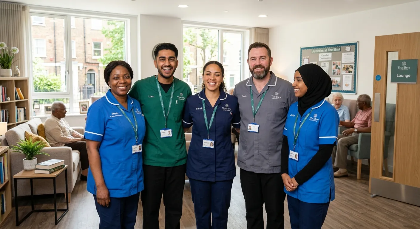 A diverse, professional team of care assistants smiling in a bright, modern care home common area in... A diverse, professional team of care assistants smiling in a bright, modern care home common area in Camden, conveying compassion and teamwork.