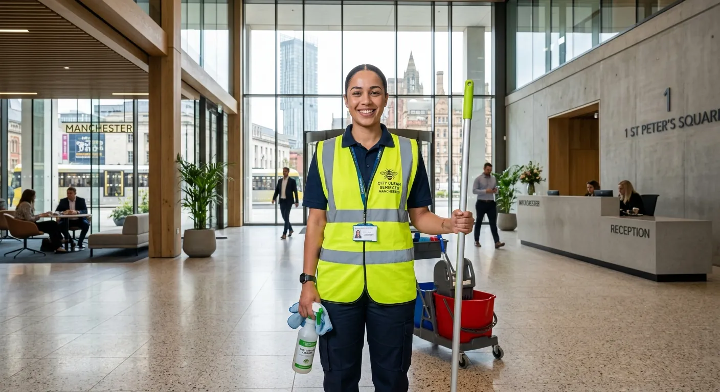 A professional, well-lit photo of a Cleaning Operative in a high-visibility vest, smiling and holding cleaning equipment, standing in a modern, clean commercial building lobby in Manchester. The image should convey professionalism, reliability, and a positive work environment.