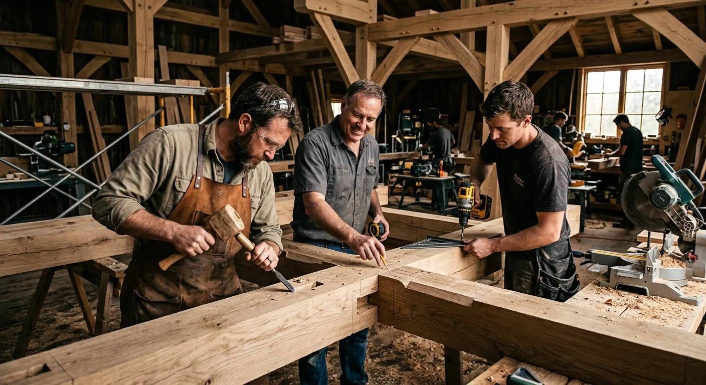 A professional, high-contrast image of skilled carpenters collaborating on a high-end construction project, showcasing precision work with tools and wood. Mood: confident, skilled, and industrious.