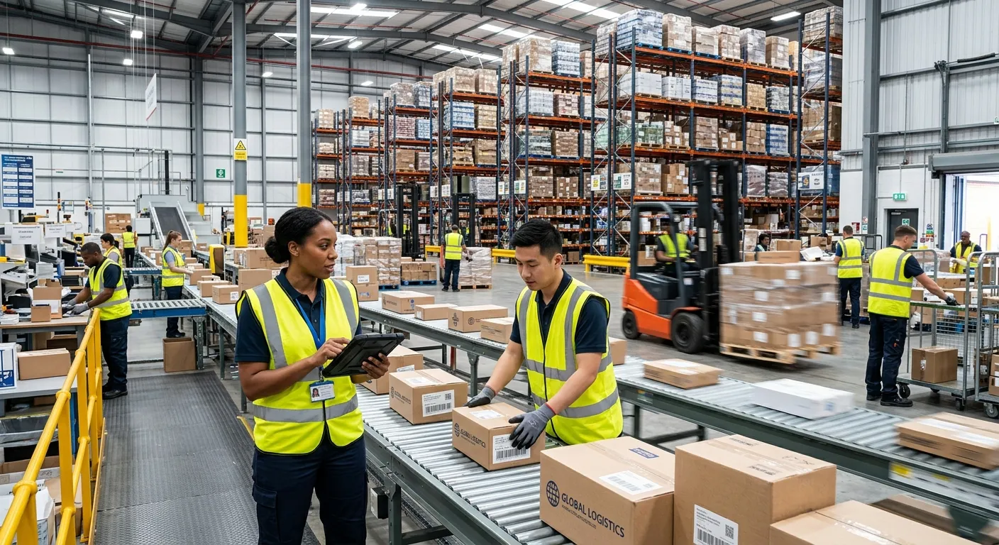 A dynamic, professional photo of a modern, well-organized warehouse distribution center. A diverse team of warehouse operatives is working efficiently, with a supervisor checking a tablet. The mood is productive, modern, and high-energy.