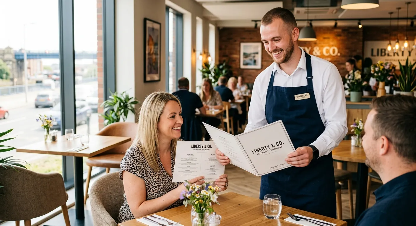 A professional, welcoming image of a smiling waiter presenting a menu to a customer in a modern Sunderland restaurant, with a clean, bright, and friendly atmosphere.