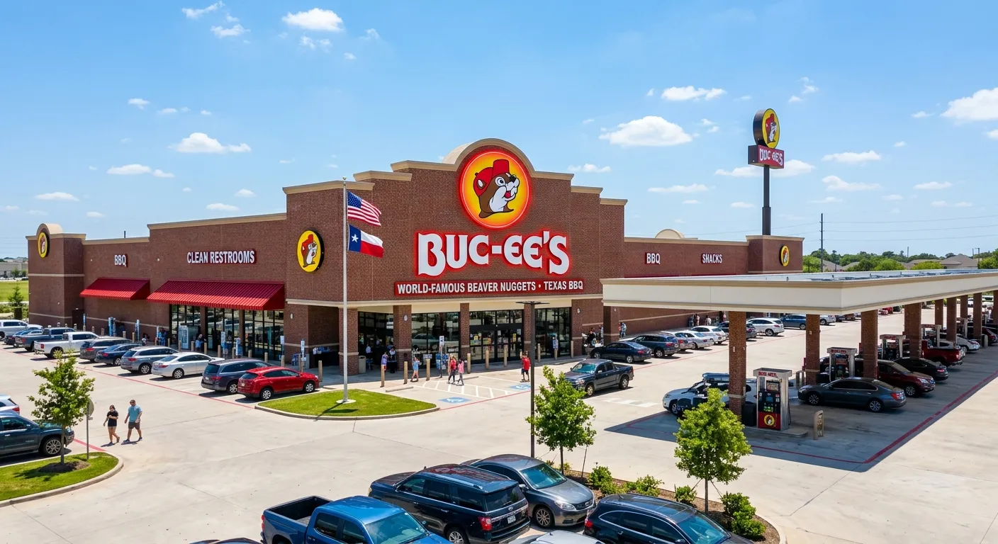 A clean, professional hero image of a modern Buc-ee's travel center exterior on a sunny day, with th... A clean, professional hero image of a modern Buc-ee's travel center exterior on a sunny day, with the iconic beaver logo prominently visible. Style: Bright, inviting, and high-resolution.