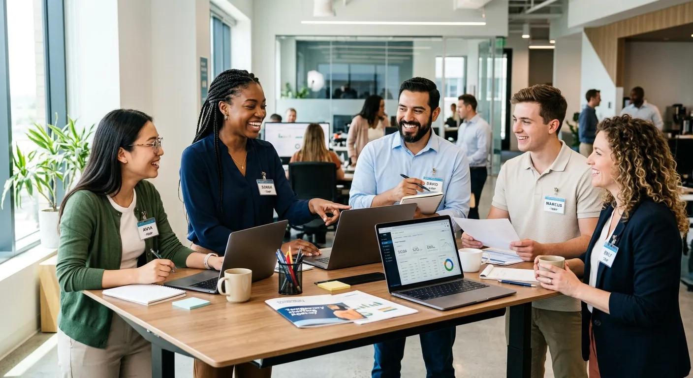 A diverse group of enthusiastic, professional-looking temporary workers in a modern workplace settin... A diverse group of enthusiastic, professional-looking temporary workers in a modern workplace setting, smiling and collaborating. Style: Bright, high-contrast professional photography. Mood: Energetic, reliable, and productive.