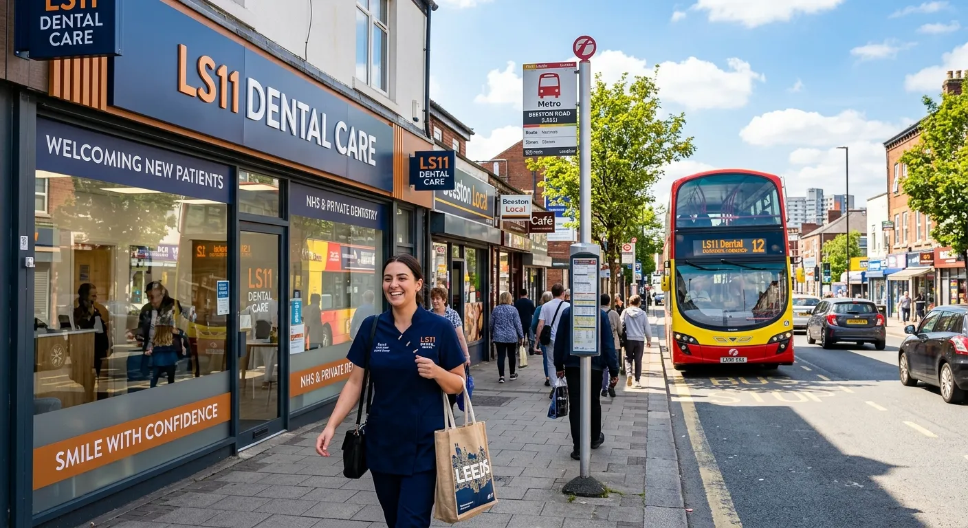 A vibrant, sunny street scene in Leeds LS11, showing modern dental practice frontage, a bus stop with a bus arriving, and a nurse walking with a bag, smiling. The image should feel welcoming and professional.