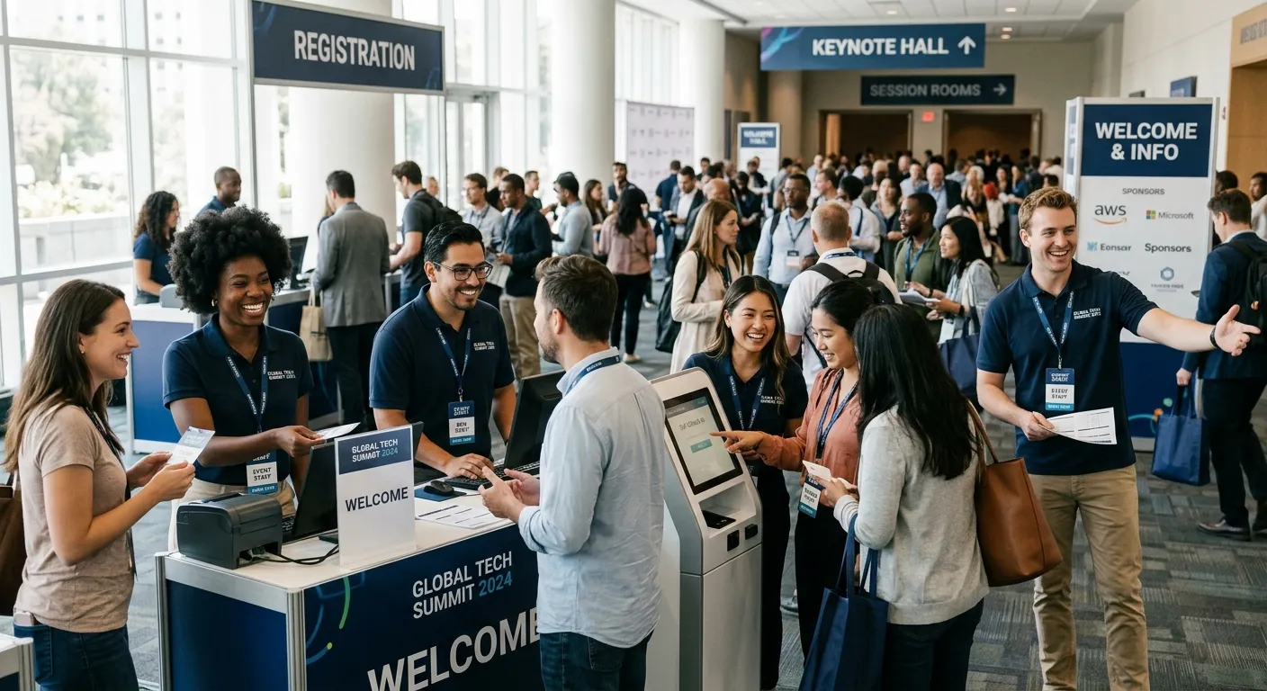 A dynamic, high-energy photo of a diverse team of professional event staff in action at a large conference. They are smiling, assisting attendees, and managing registration desks. Style: professional stock photo with a vibrant, slightly desaturated tone to ensure text overlay readability.