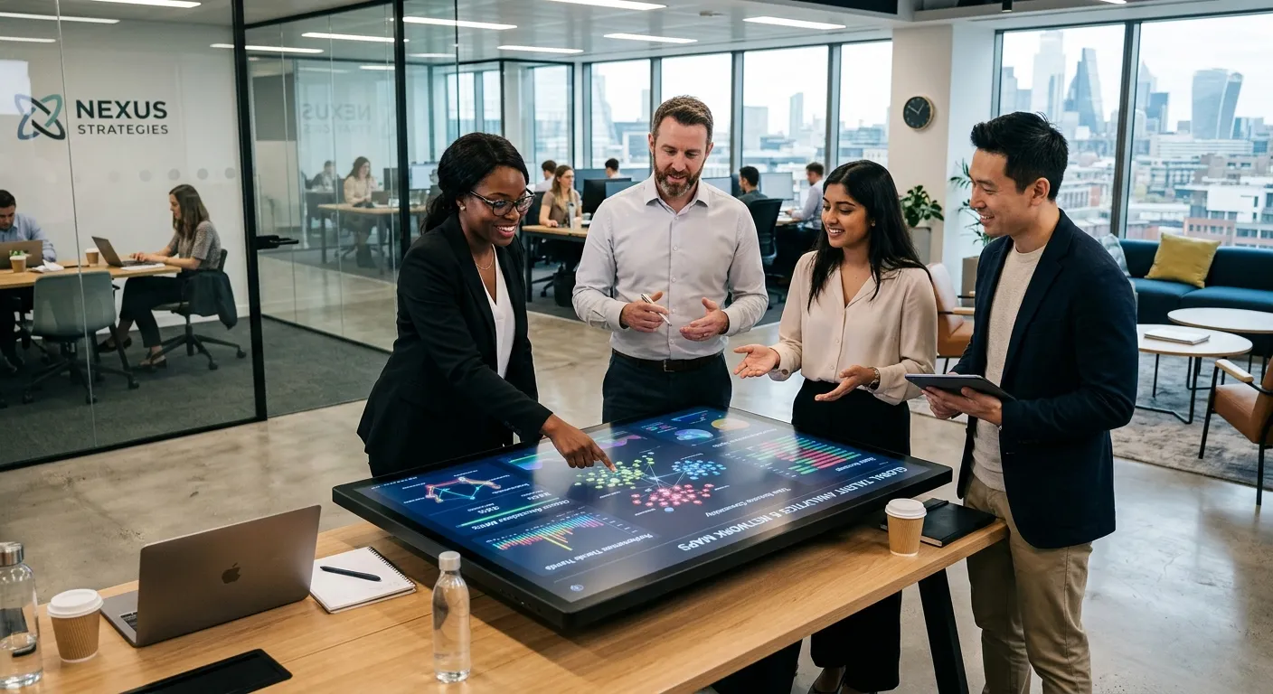 A modern, professional office environment with a diverse team of professionals collaborating around a digital screen showing talent analytics and network maps. Style: High-resolution, dynamic, with a focus on strategy and connection. Mood: Authoritative, innovative, and forward-thinking.