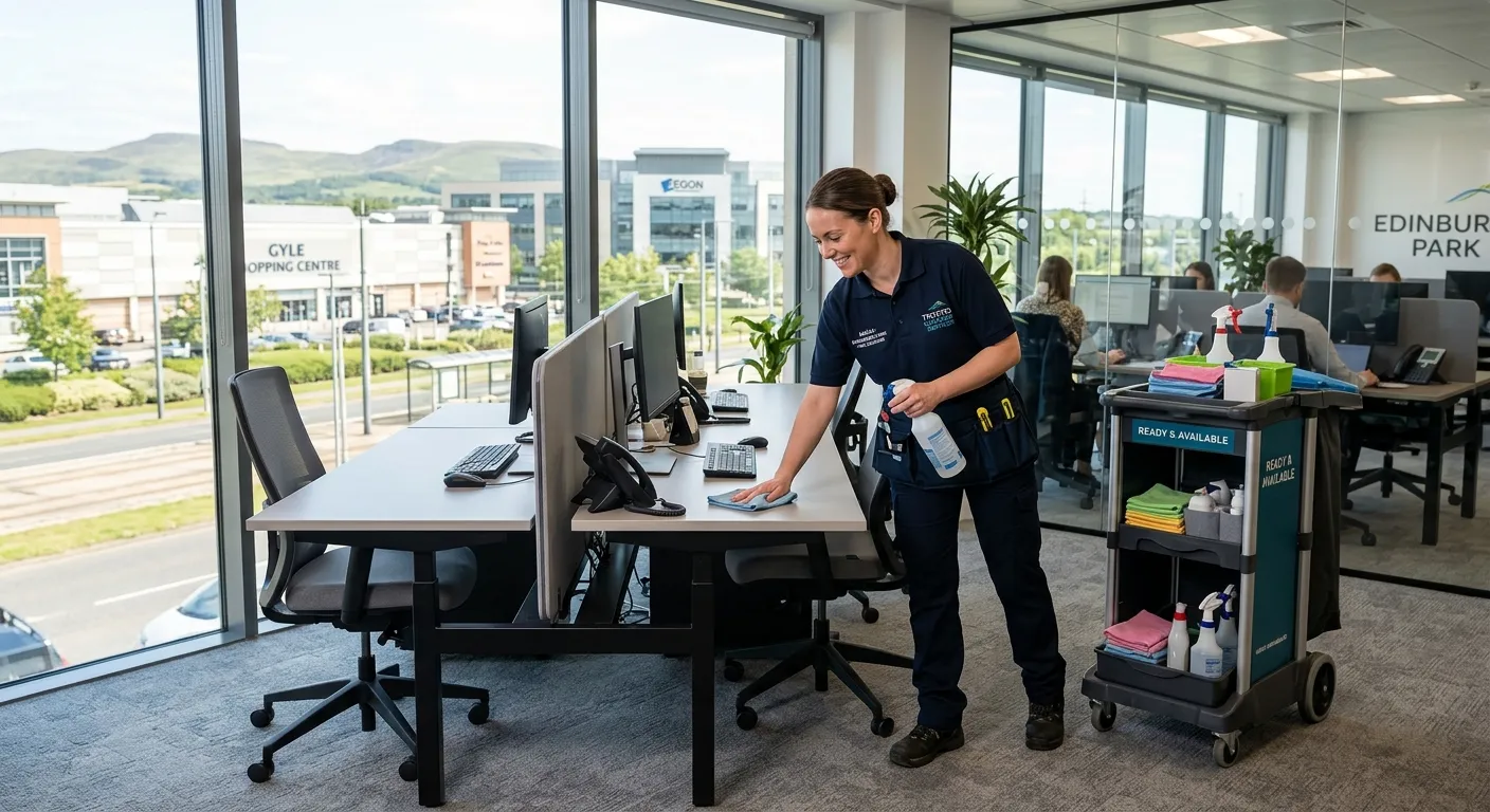 A professional, high-resolution image of a Cleaning Operative in smart uniform, efficiently cleaning a modern office space in Edinburgh Park. The image conveys professionalism, trust, and immediate availability.
