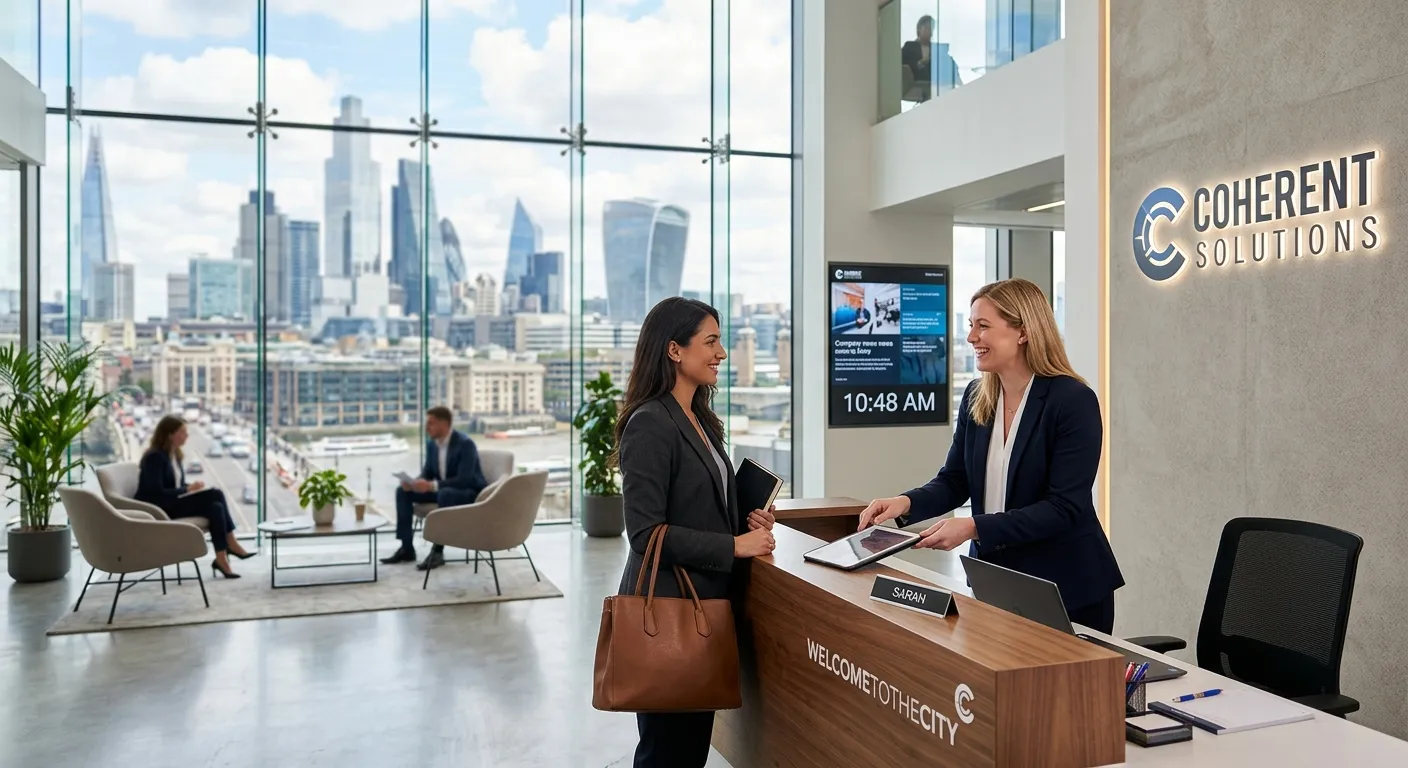A dynamic, professional hero image showing a modern London office reception area. A well-dressed rec... A dynamic, professional hero image showing a modern London office reception area. A well-dressed receptionist is smiling and assisting a visitor, with a blurred city skyline visible through glass windows. Style is bright, professional, and aspirational.