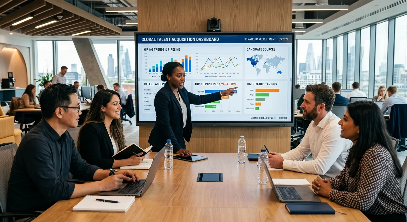 A professional, high-contrast hero image showing a diverse team of professionals collaborating in a... A professional, high-contrast hero image showing a diverse team of professionals collaborating in a modern office setting, with one person pointing to a data analytics dashboard on a large screen. The mood is dynamic, strategic, and focused on high-level talent acquisition.