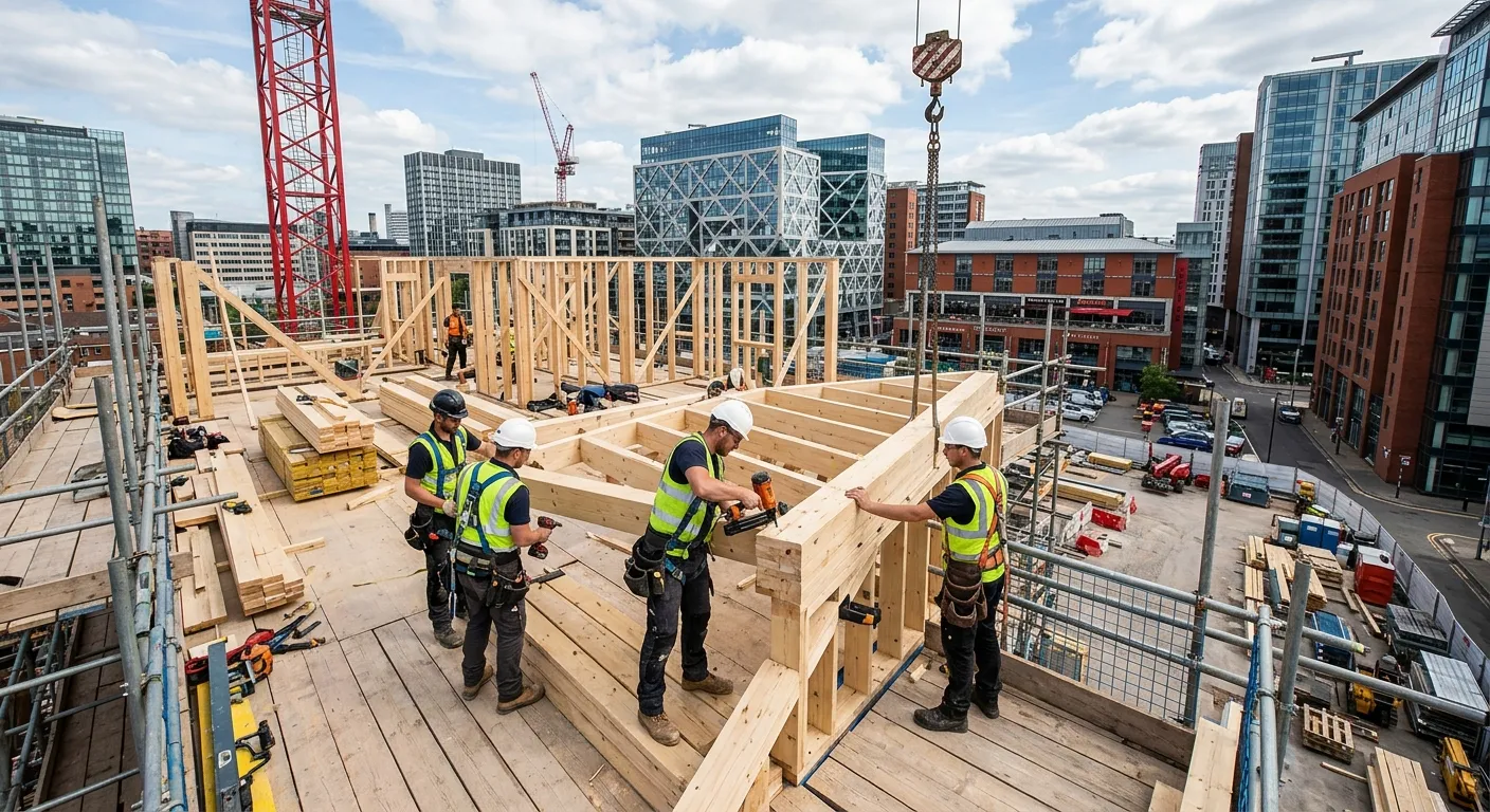 A wide-angle photo of carpenters installing timber frames on a high-rise residential construction si... A wide-angle photo of carpenters installing timber frames on a high-rise residential construction site in Birmingham city centre, with modern buildings in the background.