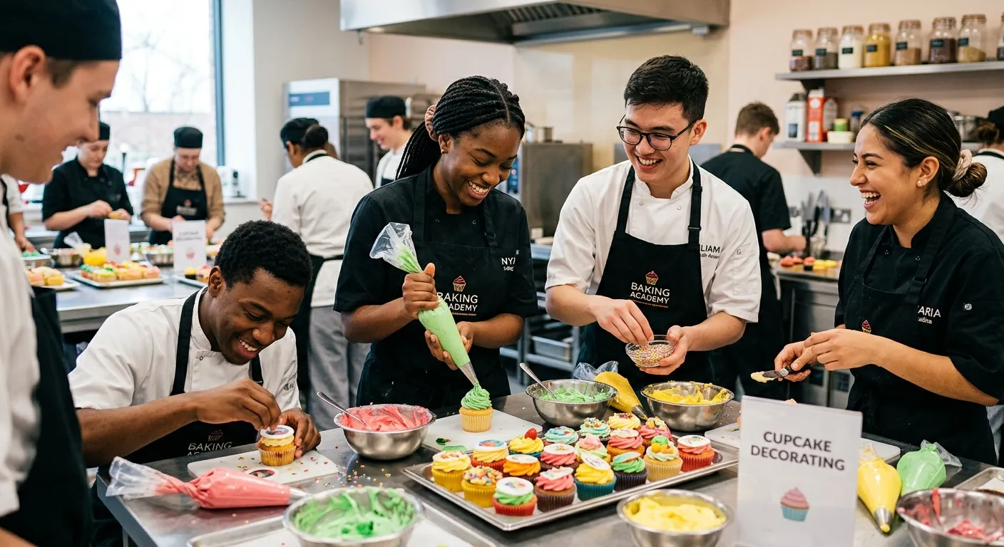 A dynamic, high-energy shot of a diverse group of aspiring pastry chefs in a modern training kitchen... A dynamic, high-energy shot of a diverse group of aspiring pastry chefs in a modern training kitchen, smiling and decorating cupcakes. Focus on hands-on action, vibrant colors, and a welcoming, inclusive atmosphere.